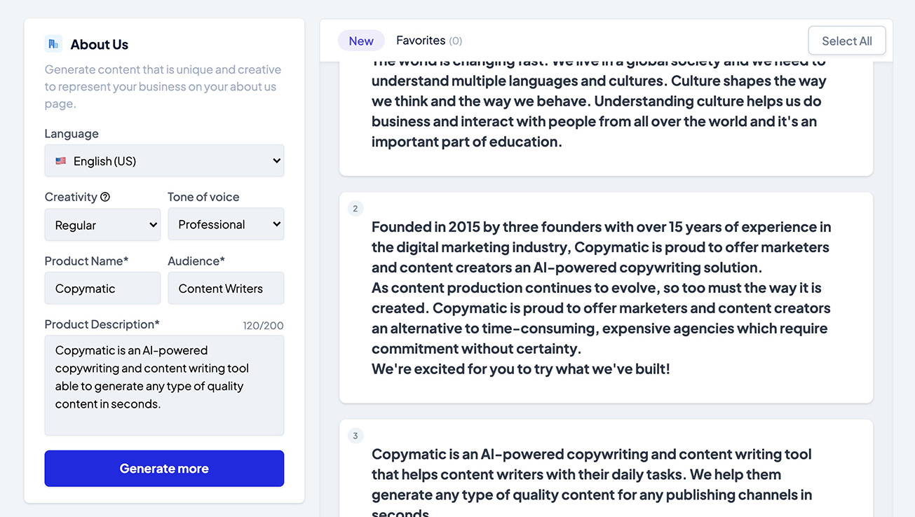 About Us Page Generator Copymatic